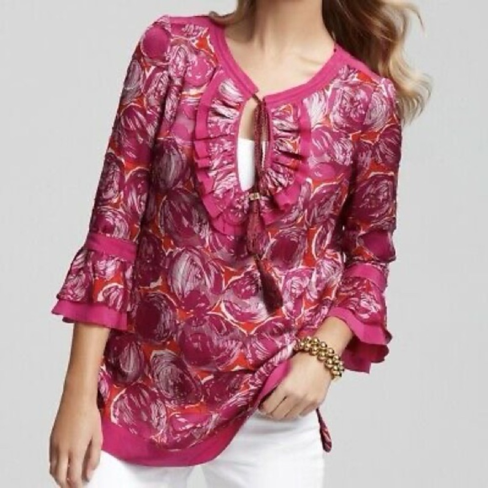 Tory BurchTunic Silk  Pink Floral Ruffle Blouse Top Sz 4
